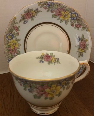 Vintage Colclough Bone China Tea Cup And Saucer Blue Rim Mixed Flowers England