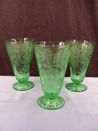 3 Jeannette Floral Poinsettia Green Depression Glass Lemonade Tumblers 5 1/2 "