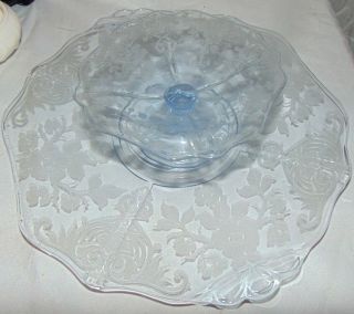 Cambridge Glass Blue Apple Blossom Cheese Stand Plate & Cracker Pedestal Dish