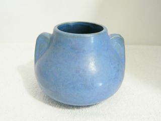 Vintage Blue Art Deco Pottery Vase 2 Handle Short Squat