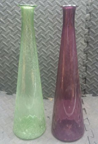 Pair Green Purple Decanters Italian Genie Bottles Empoli Mcm Glass Vintage Italy