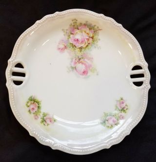 Antique Pk Silesia Porcelain Cake Plate 9 " Pink Rose Hand - Painted Beaded