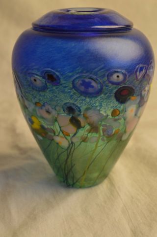 Vintage Robert R Held Signed Art Glass Blue Green Iridescent Flower Floral Vase
