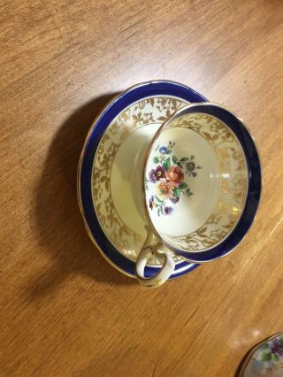 Aynsley Tea Cup And Saucer Cobalt Blue W/ Gold Leaves & Flowers Inside Cup