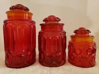 Vintage L.  E.  Smith Red Amberina " Moon & Stars " Glass Canister Set 3 Jars & Lids