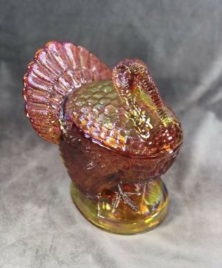 Large Mosser Amber Carnival Glass Turkey Covered Dish