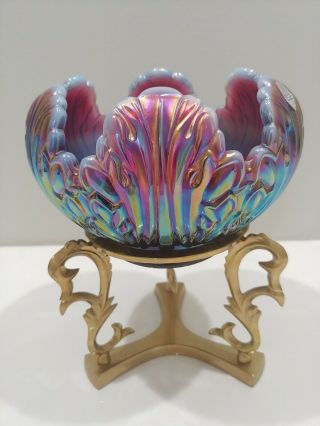 Fenton Plum Opalescent Lotus Candle Holder Rose Bowl Vase With Stand Perfect