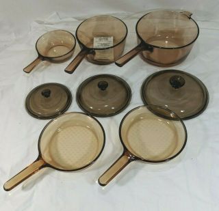 8 Pc Visions Visionware Corning Ware Amber Glass Cookware - Pans,  Skillets