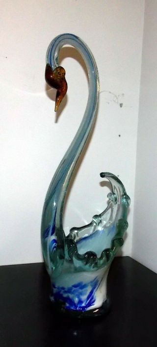 Large 19 " Hand Blown Murano Style Italian Glass Swan Bowl Retail $300