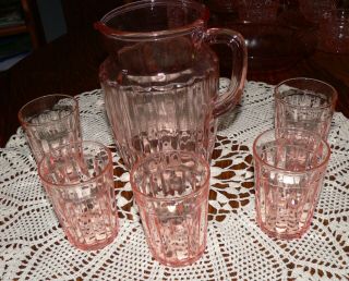 Vintage Fostoria Pink Depression Glass Pitcher And 5 Glasses