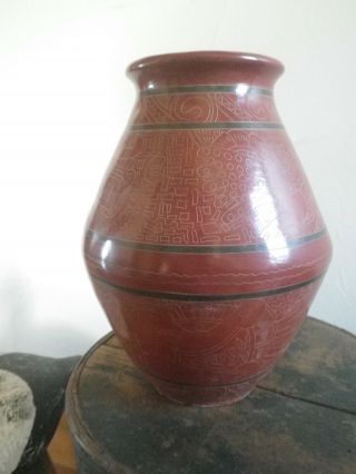 10” Signed Olla Sgraffito Pre - Columbian Style Nicaragua Pottery Vase