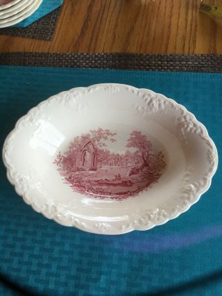 English Abbey China Red Transfer Oval Serving Bowl 9.  5 Inches Long X 7 Inches