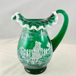Fenton Emerald Green Snow Crest Mary Gregory Pitcher Signed