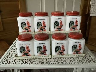 Set Of 8 Mckee Tipp City Milk Glass Rooster Spice Jar Shakers Vintage In Rack