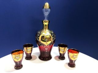 Vtg Bohemian Style Cranberry Glass Decanter Set W/ 4 Cordials Hand Painted Gold