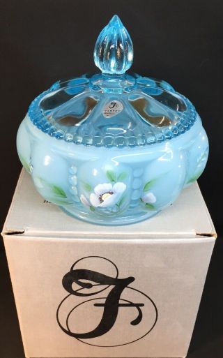 Fenton Art Glass Hand Painted Blue Topaz Overlay Covered Candy Box