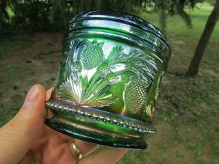 Cambridge Inverted Strawberry Antique Carnival Glass Powder Jar Green A Beauty
