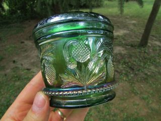 Cambridge INVERTED STRAWBERRY ANTIQUE CARNIVAL GLASS POWDER JAR GREEN A BEAUTY 3