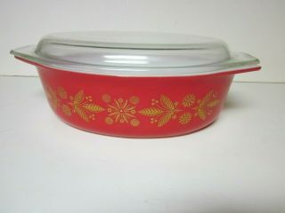 Vintage Pyrex Golden Poinsettia Red Oval Casserole 045 2.  5 Qt With Lid