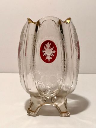 VINTAGE MOSER BOHEMIAN CZECH ART GLASS FOOTED CUT ENGRAVED VASE W/ RUBY & GOLD 2