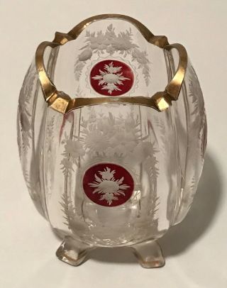 VINTAGE MOSER BOHEMIAN CZECH ART GLASS FOOTED CUT ENGRAVED VASE W/ RUBY & GOLD 3