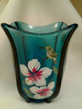 Fenton Blue Glass Crystal Hummingbird Vase Signed By Scott Fenton & Artist Rare
