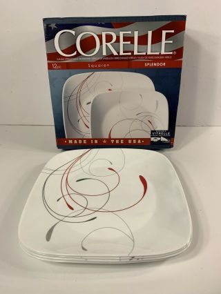 12 - Pc Corelle Square Splendor Dinnerware Set Red Gray Scoll Plus 4 Plates