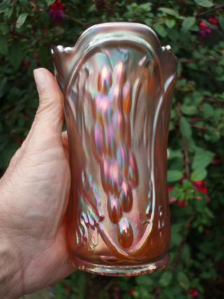 Carnival Glass.  Us Glass Honey Amber Palm Beach Whimsey Vase From Spooner.  Scarce.