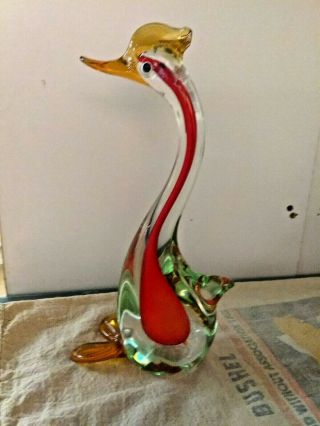 Vintage Mid Century Modern Murano Glass Crested Duck Figure Multi Colored