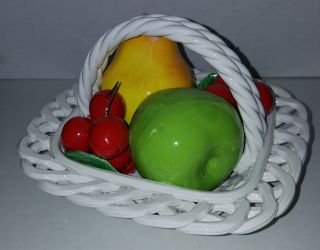 VINTAGE ITALY CERAMIC ART HAND CRAFTED ITALIAN Square WOVEN BASKET WITH FRUIT 2