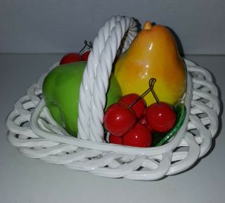 VINTAGE ITALY CERAMIC ART HAND CRAFTED ITALIAN Square WOVEN BASKET WITH FRUIT 3