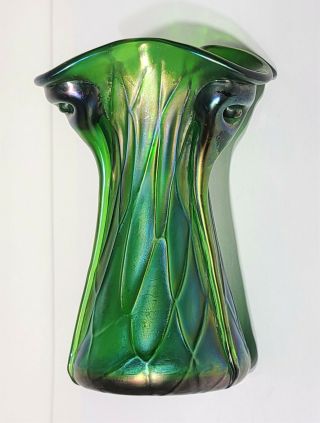 Antique Bohemian Loetz Era Green Iridescent Art Glass Vase