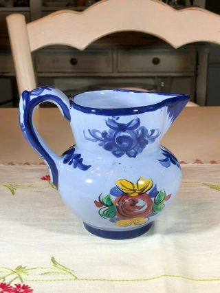 Hand Painted Small Ceramic Blue Flower Pitcher,  Numbered,  Made In Portugal