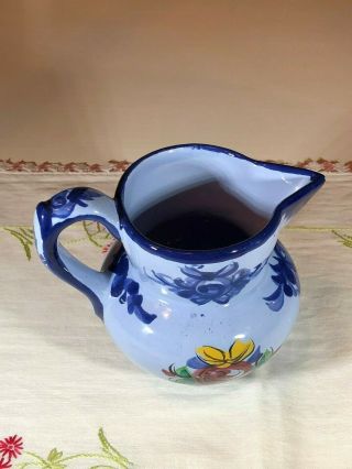 Hand Painted Small Ceramic Blue Flower Pitcher,  Numbered,  Made in Portugal 2
