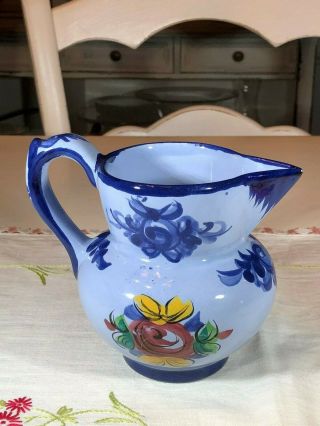 Hand Painted Small Ceramic Blue Flower Pitcher,  Numbered,  Made in Portugal 3