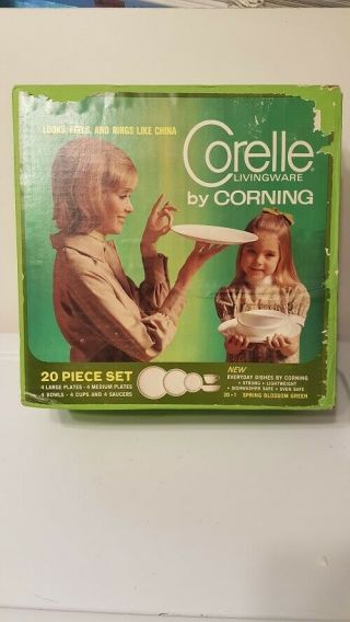 Vintage 1970s 20 Piece Set,  Corelle Corning Spring Blossom Green