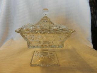 Vintage Cut Clear Glass Square Pedestal Candy Dish With Lid Hobnail Pattern