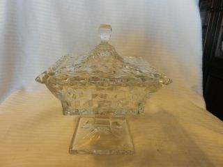 Vintage Cut Clear Glass Square Pedestal Candy Dish With Lid Hobnail Pattern 2