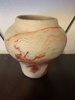 6” Vintage Nemadji Pottery Vase Handmade Art Painted Orange Swirls Usa