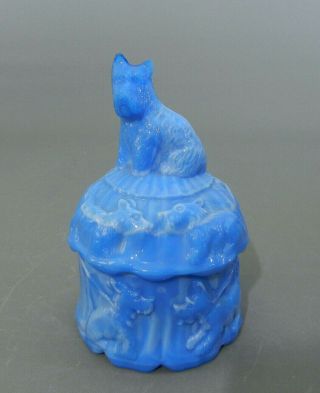 Antique Blue Opaque Akro Agate Scottie Dog Powder Jar