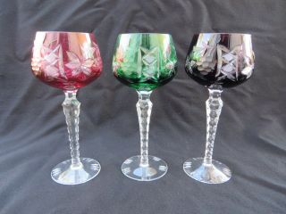 Set Of 3 Lausitzer Cranberry Green Purple Cut To Clear 8 " H Wine Hock Glasses