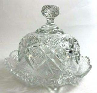 Large Abp Brilliant Cut Glass Crystal Dome Cheese Plate Dish Hobstar Sawtooth