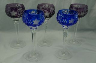 Bohemian Cut To Clear Crystal (5) Wine Glasses,  8 "
