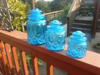 Le Smith Moon And Stars Colonial Blue Glass Canisters Set Of 3