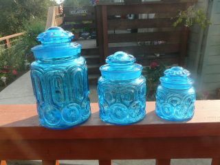 LE Smith Moon and Stars Colonial Blue Glass Canisters Set Of 3 2