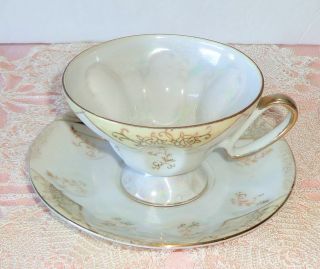 Norcrest Tea Cup And Saucer Set Japan Hand Painted Pearl Luster Gold Scalloped