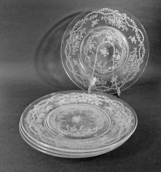 Set/4 Fostoria 341 " Romance " Etch Glass Dinner Plates 9 - 1/2 " (1942 - 1971)