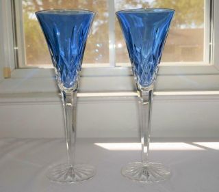 2 Waterford Lismore Sapphire Blue Champagne Toasting Flutes 9 1/4 " Tall