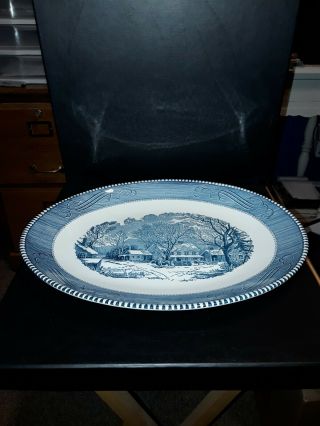 Vintage China Currier & Ives 13 " Blue Serving Platter: Farmhouse Scenery.
