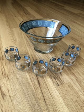 Culver Glass Carnival Turquoise Blue Gold Circles Punch Bowl 6 Small Tumblers
